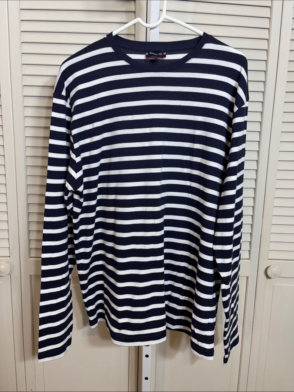 Armor Lux Men's Nautical Navy and White Striped Long-Sleeve Crewneck XXL
